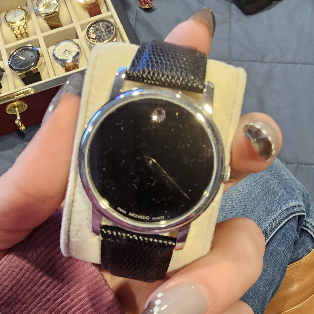 Movado Black Leather Strap Watch